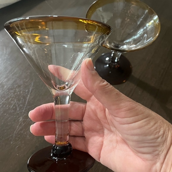 2 Amber Rimmed Stemware Glass 6” Hand-blown Mexican clear bar pedestal Glasses - Picture 8 of 9